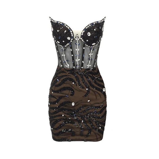 Luxury Black Crystal Mini Evening Dress