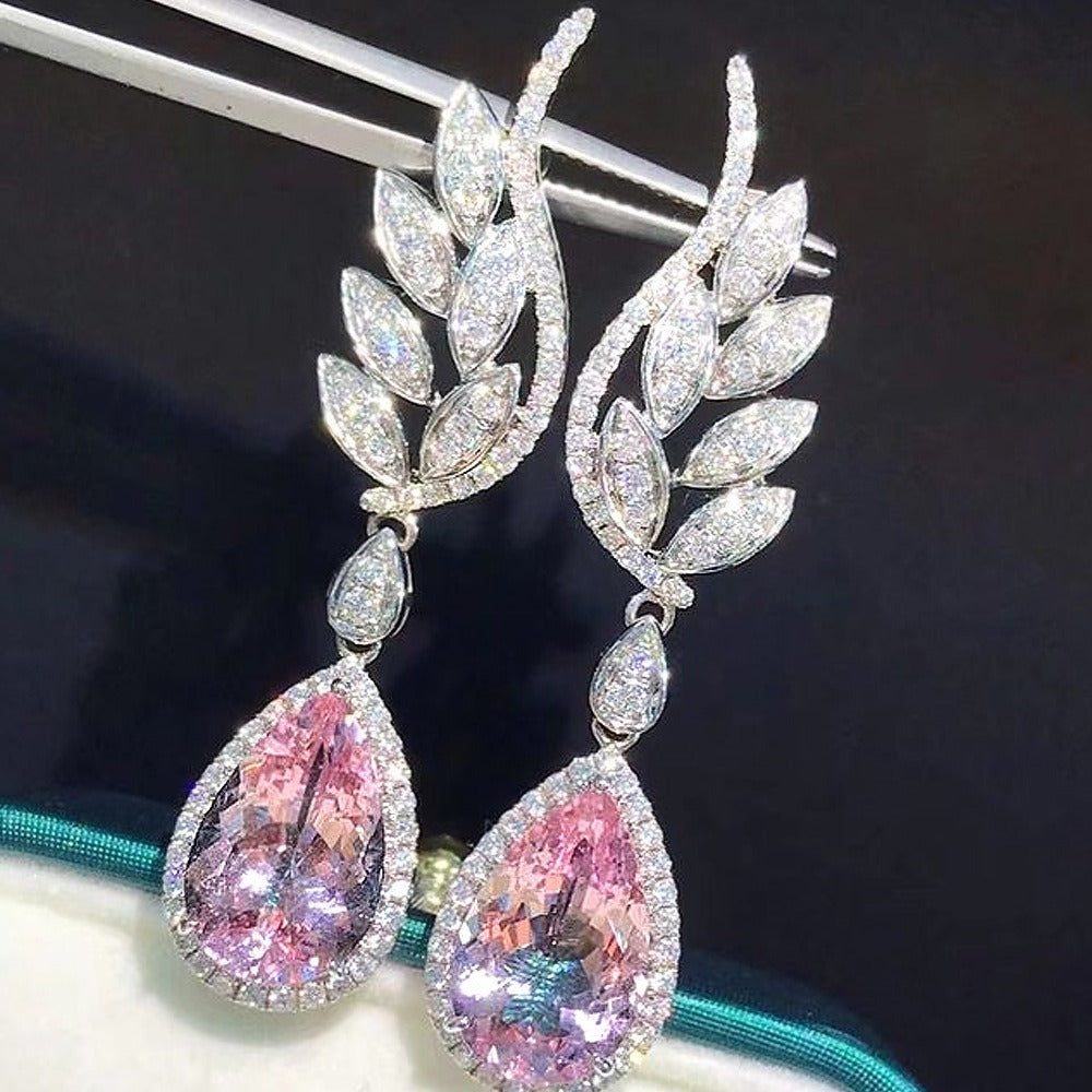 Pendientes de lujo con cristales rosas en forma de gota para mujer