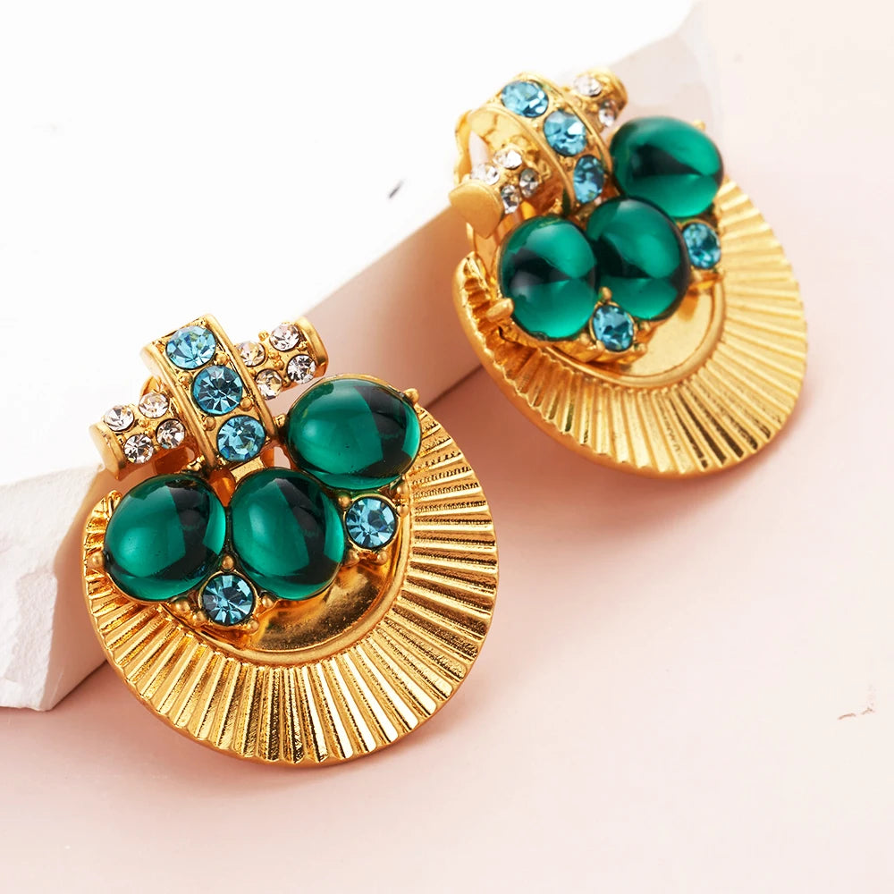 Green Crystal Fan Clip-On Earrings for Women