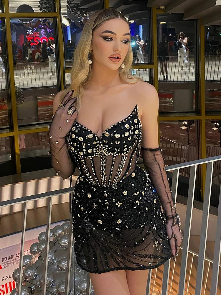 Luxury Black Crystal Mini Evening Dress