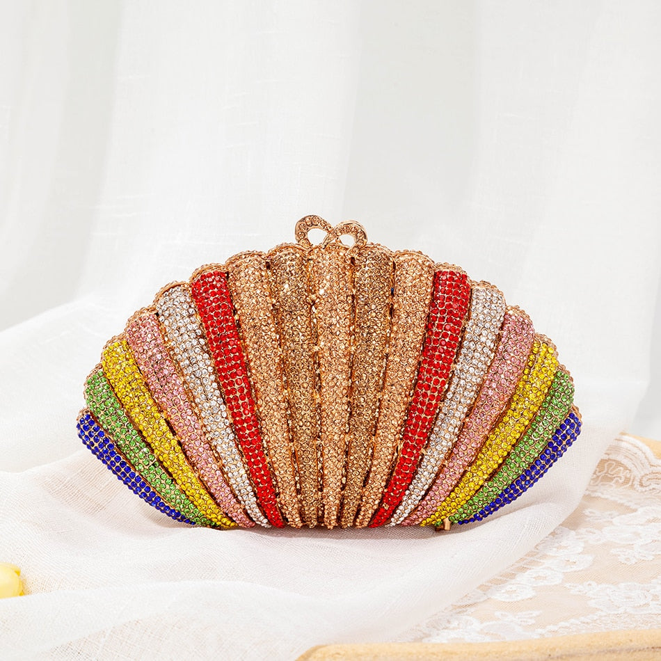 Luxury Rainbow Crystal Shell Evening Clutch