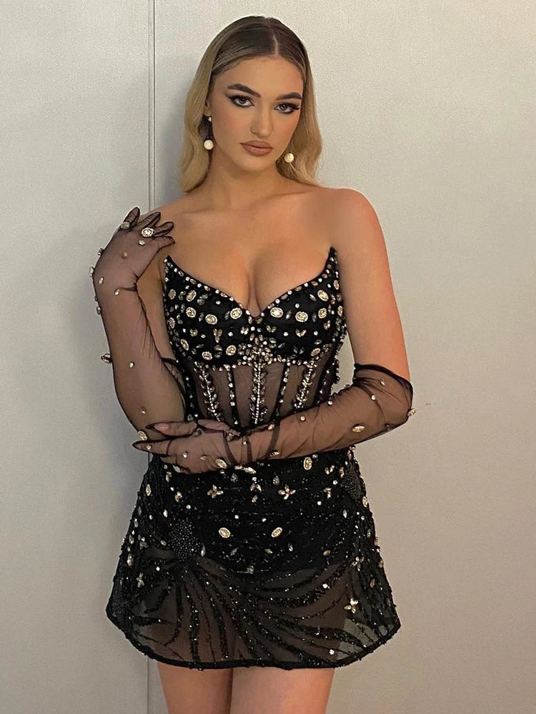 Luxury Black Crystal Mini Evening Dress