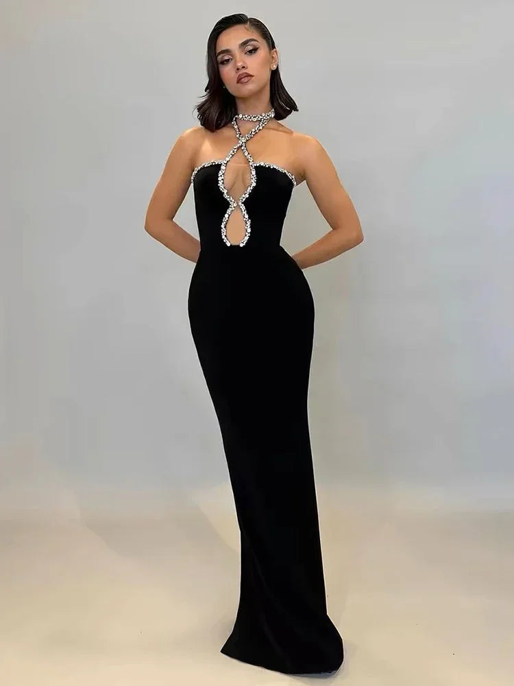 Luxury Black Strapless Evening Bandage Dress