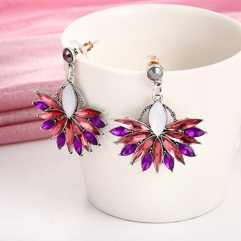 Pink Flower Crystal Drop Earrings