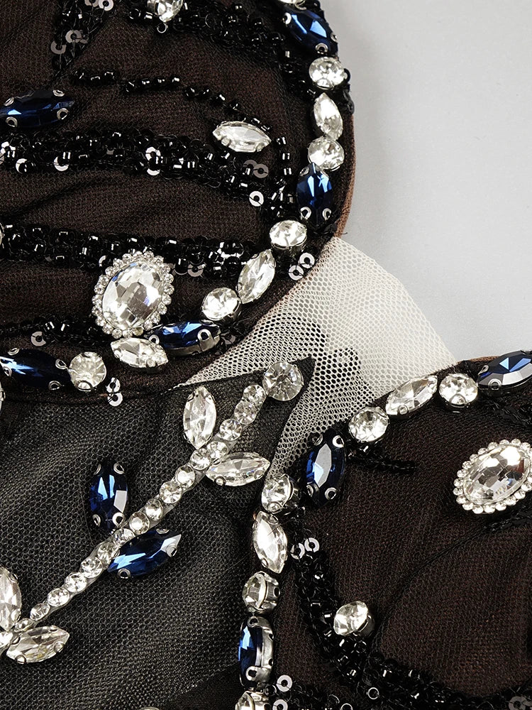 Luxury Black Crystal Mini Evening Dress