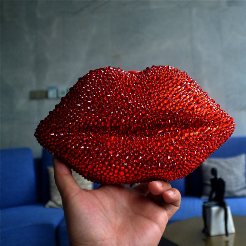 Luxury Red Lips Crystal Evening Clutch Bag