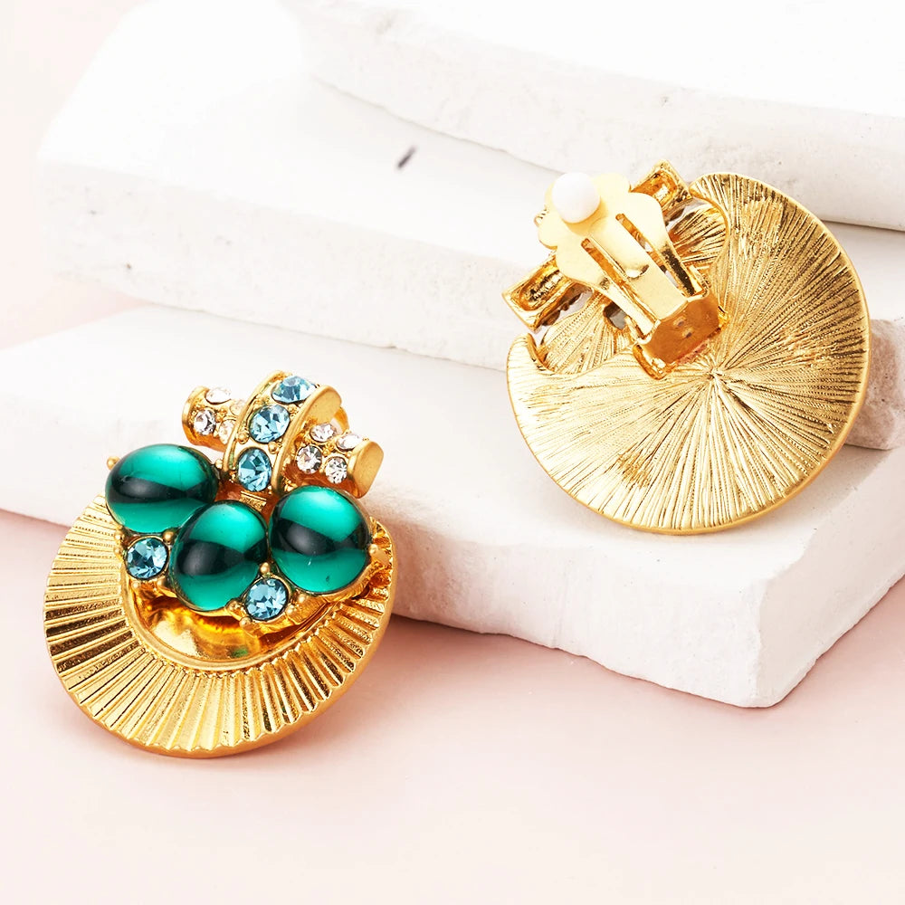 Green Crystal Fan Clip-On Earrings for Women