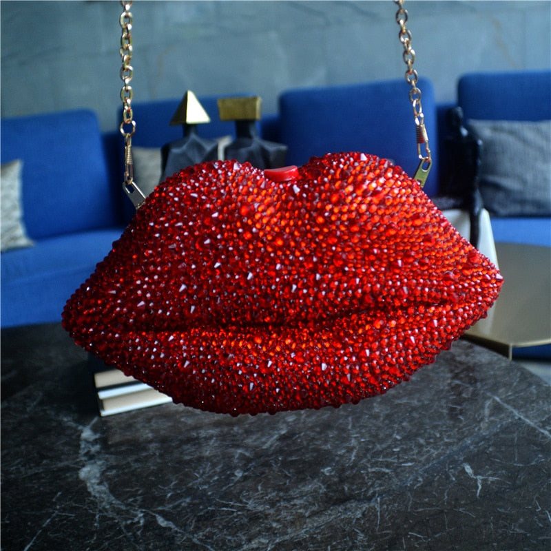 Luxury Red Lips Crystal Evening Clutch Bag