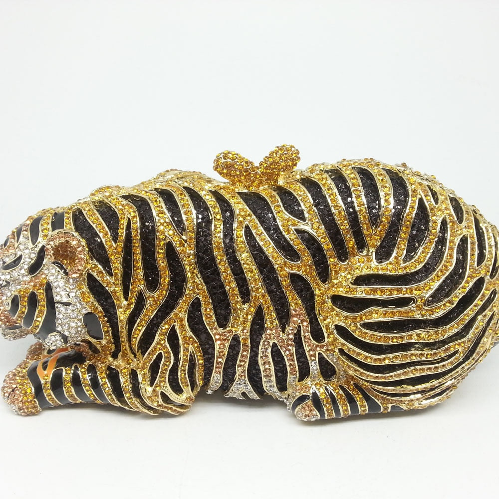 Luxury Gold Tiger Crystal Evening Clutch