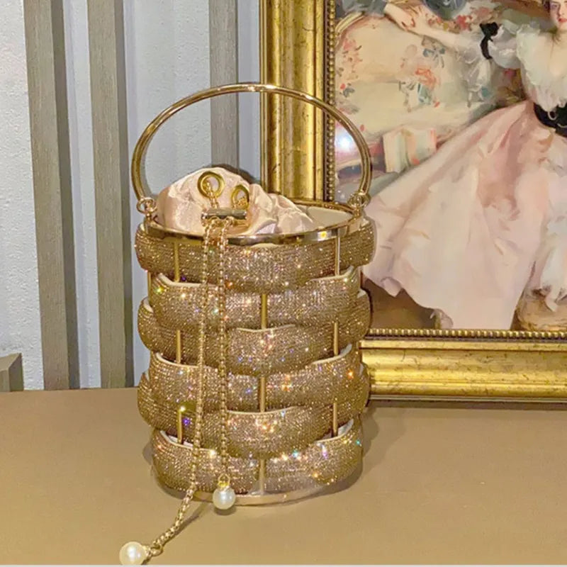 Luxury Woven Crystal Bucket Evening Bag