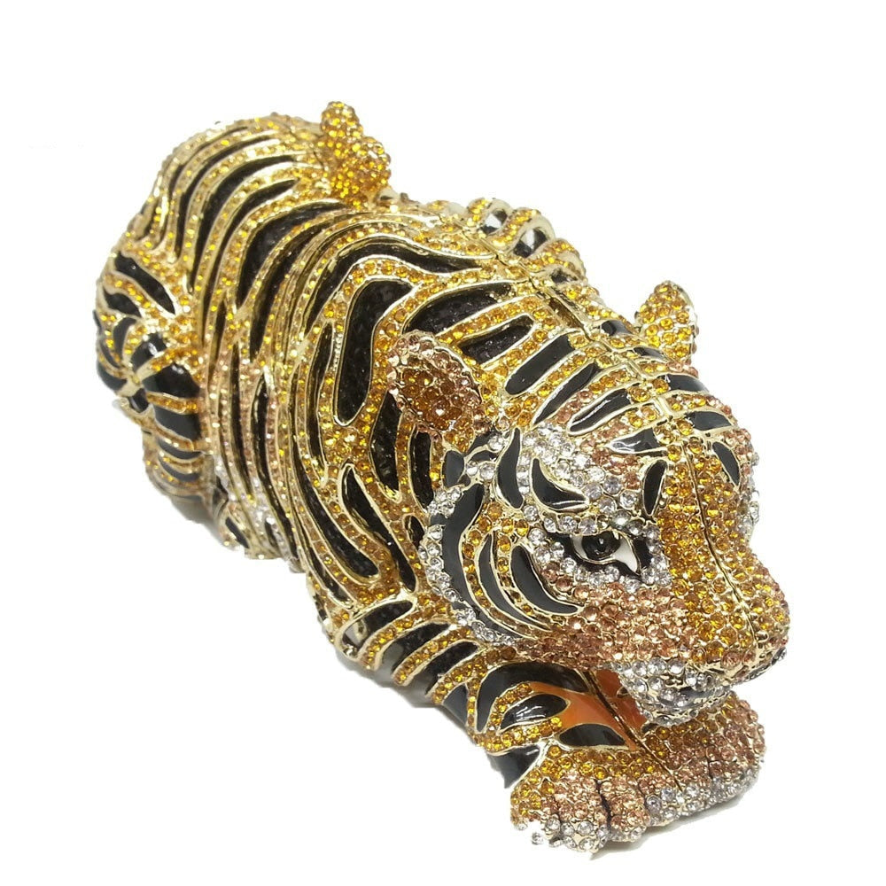 Luxury Gold Tiger Crystal Evening Clutch