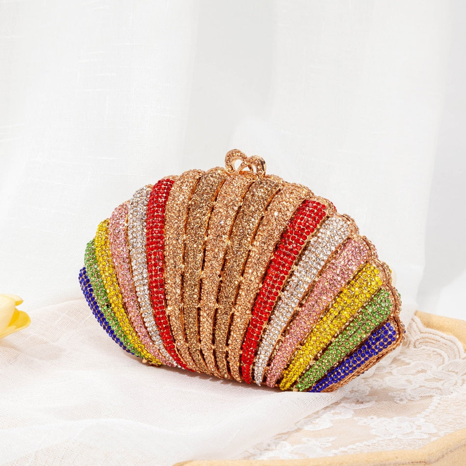 Luxury Rainbow Crystal Shell Evening Clutch
