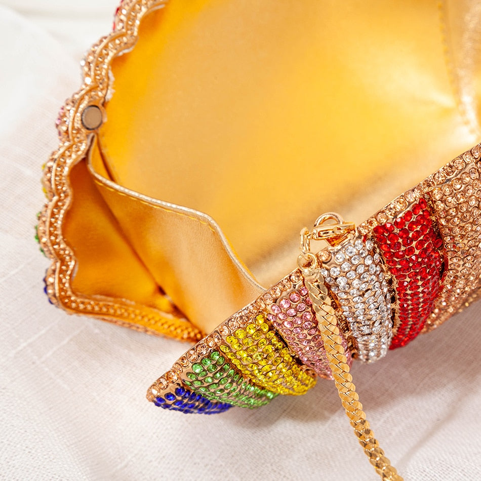 Luxury Rainbow Crystal Shell Evening Clutch