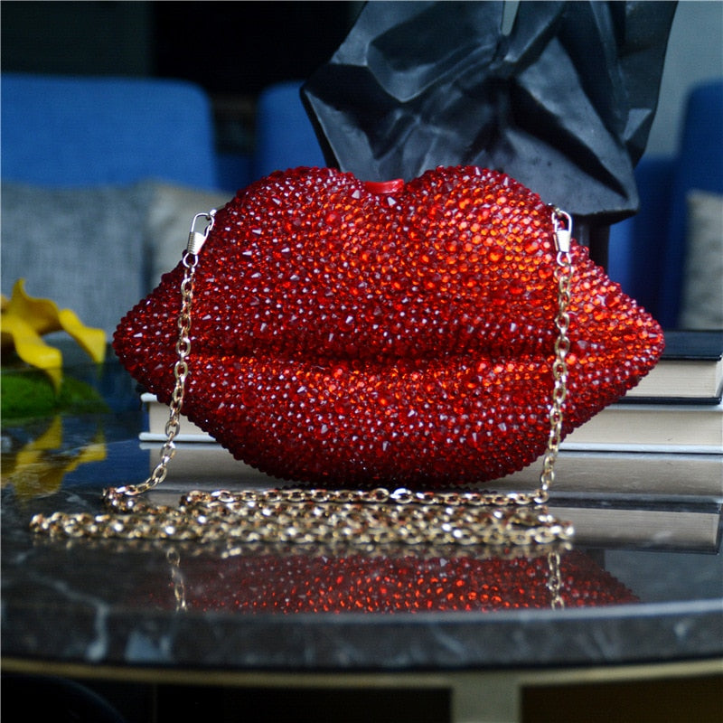 Luxury Red Lips Crystal Evening Clutch Bag