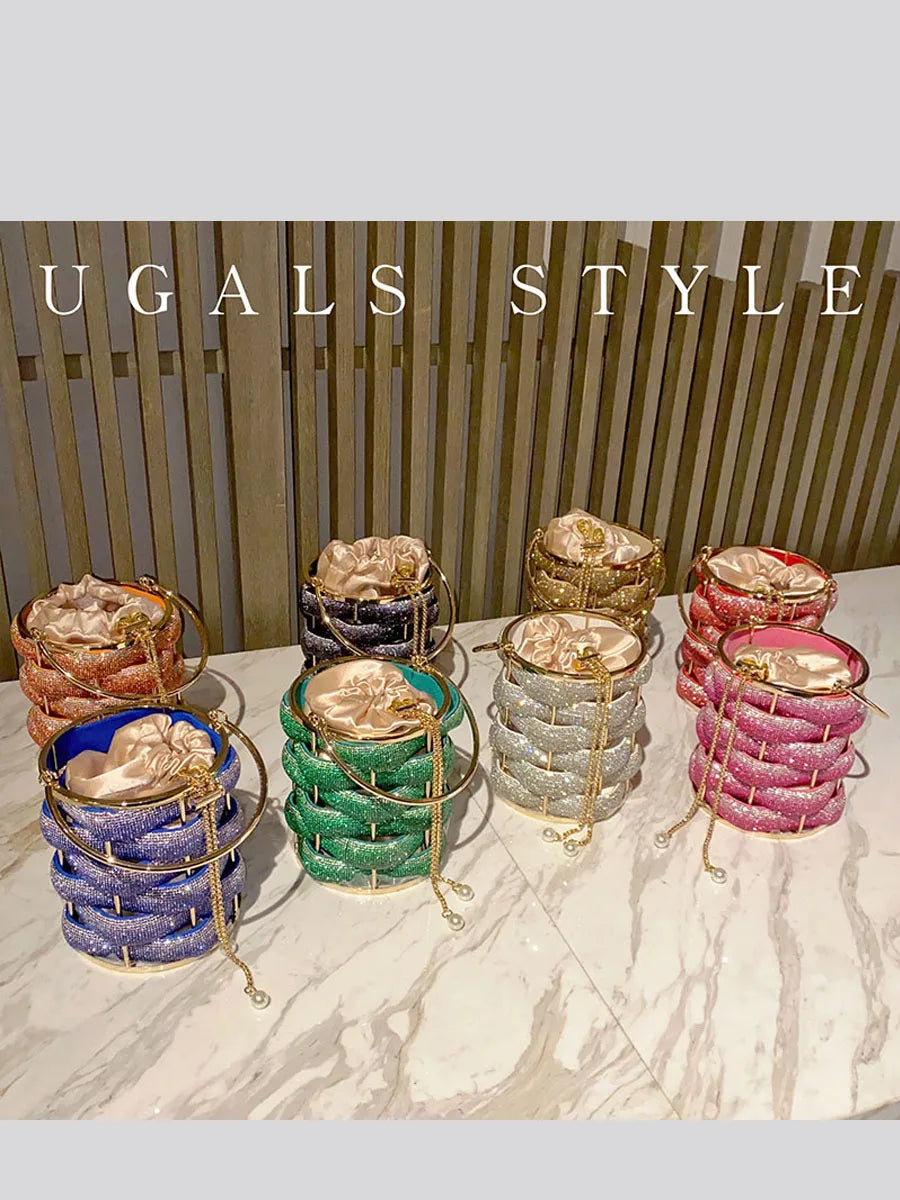 Luxury Woven Crystal Bucket Evening Bag
