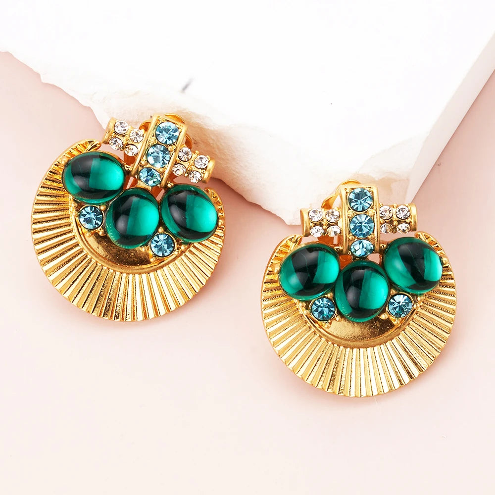 Green Crystal Fan Clip-On Earrings for Women