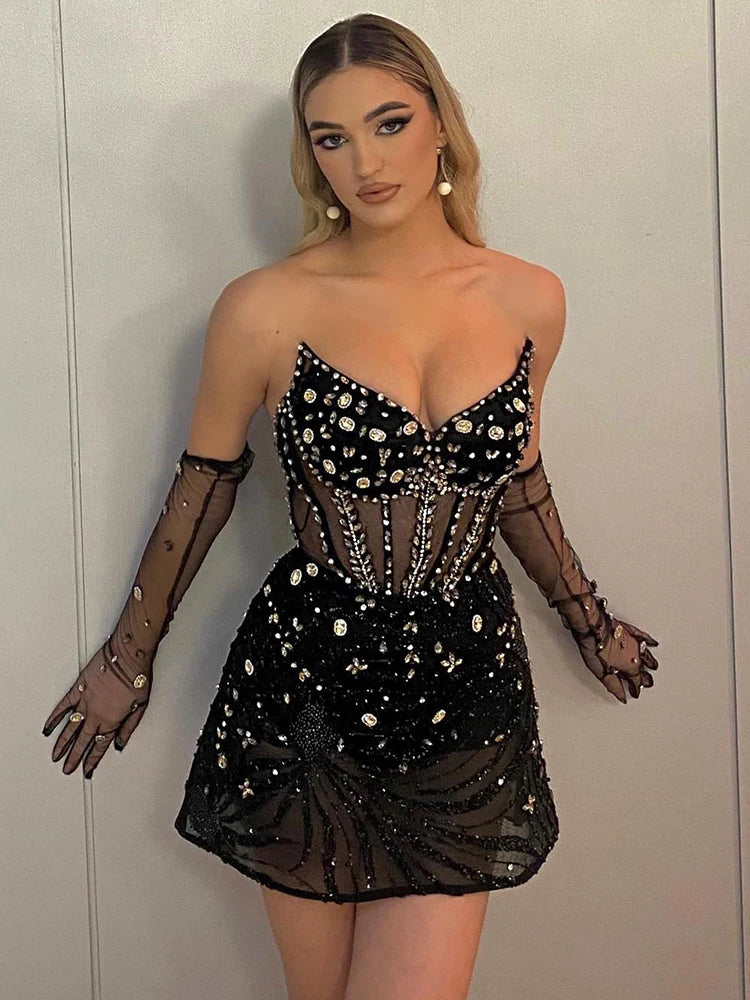Luxury Black Crystal Mini Evening Dress