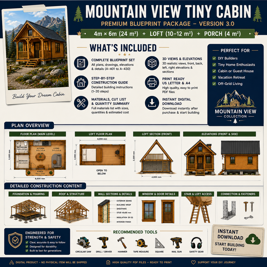 Mountain View Tiny Cabin Plans 4x6m – Loft Cabin Blueprint, DIY Tiny House Floor Plans, Digital PDF