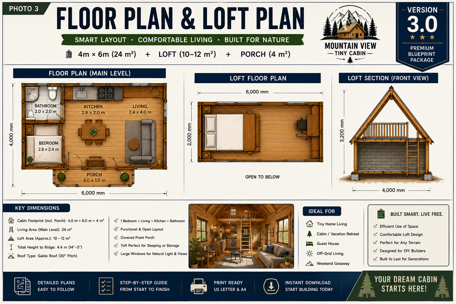 Mountain View Tiny Cabin Plans 4x6m – Loft Cabin Blueprint, DIY Tiny House Floor Plans, Digital PDF