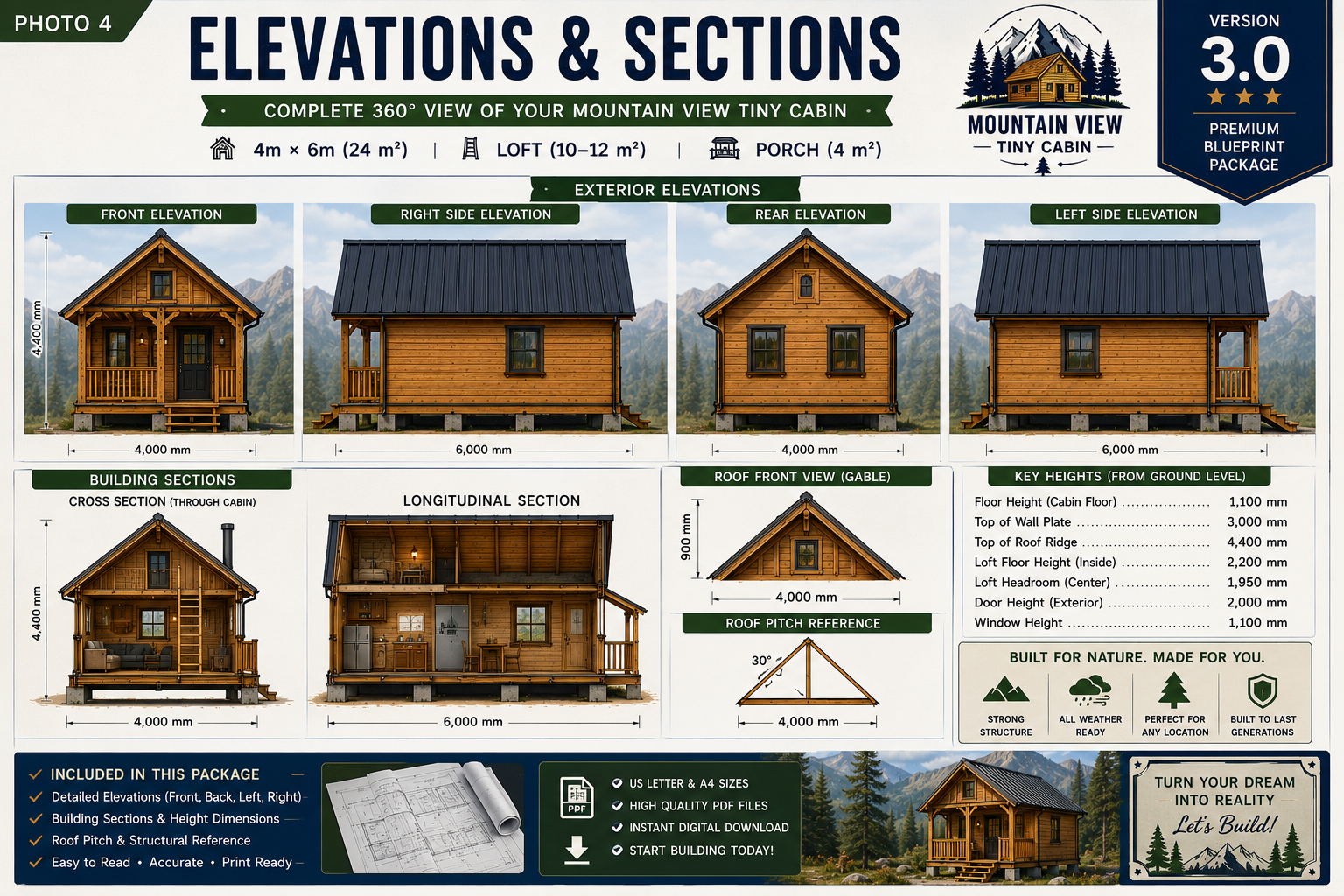 Mountain View Tiny Cabin Plans 4x6m – Loft Cabin Blueprint, DIY Tiny House Floor Plans, Digital PDF