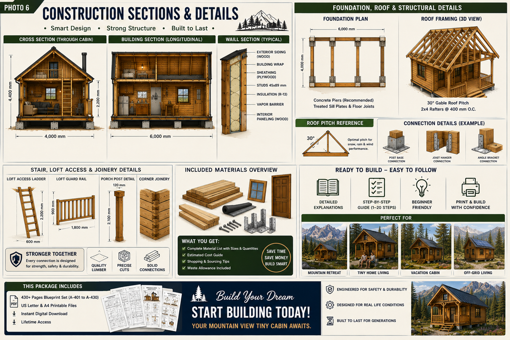 Mountain View Tiny Cabin Plans 4x6m – Loft Cabin Blueprint, DIY Tiny House Floor Plans, Digital PDF