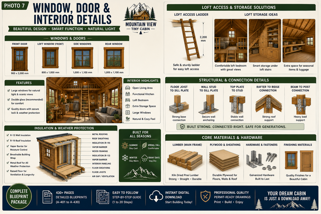 Mountain View Tiny Cabin Plans 4x6m – Loft Cabin Blueprint, DIY Tiny House Floor Plans, Digital PDF