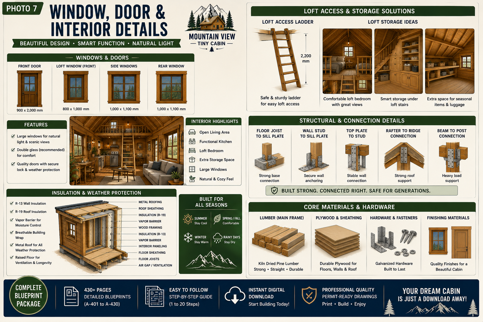 Mountain View Tiny Cabin Plans 4x6m – Loft Cabin Blueprint, DIY Tiny House Floor Plans, Digital PDF