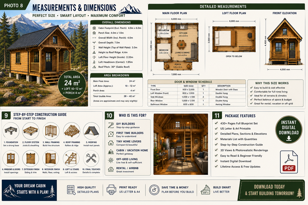 Mountain View Tiny Cabin Plans 4x6m – Loft Cabin Blueprint, DIY Tiny House Floor Plans, Digital PDF