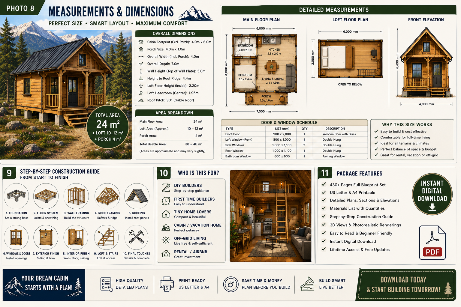 Mountain View Tiny Cabin Plans 4x6m – Loft Cabin Blueprint, DIY Tiny House Floor Plans, Digital PDF