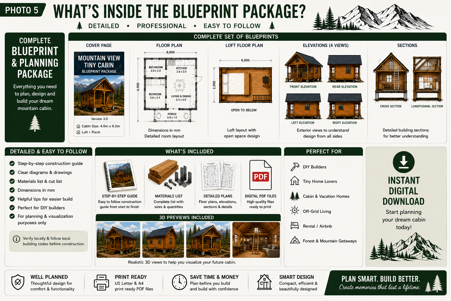 Mountain View Tiny Cabin Plans 4x6m – Loft Cabin Blueprint, DIY Tiny House Floor Plans, Digital PDF