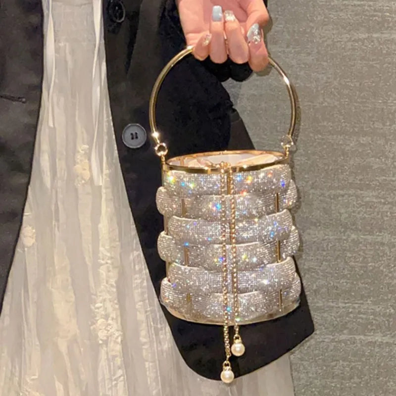 Luxury Woven Crystal Bucket Evening Bag