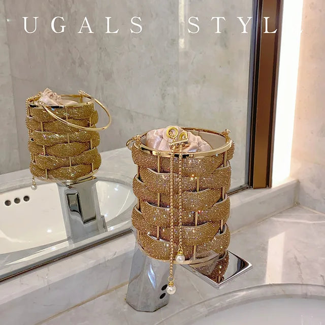 Luxury Woven Crystal Bucket Evening Bag