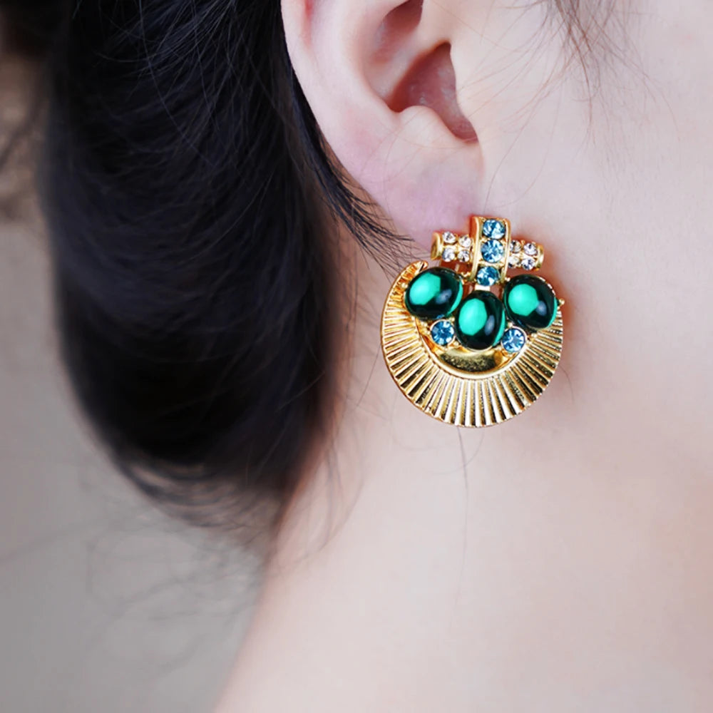 Green Crystal Fan Clip-On Earrings for Women
