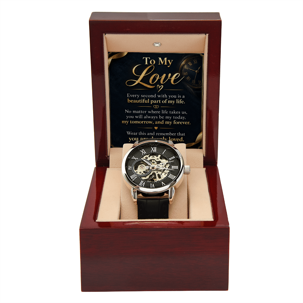 To My Love Skeleton Automatic Watch, Black Leather Openwork Watch, Anniversary Gift for Husband