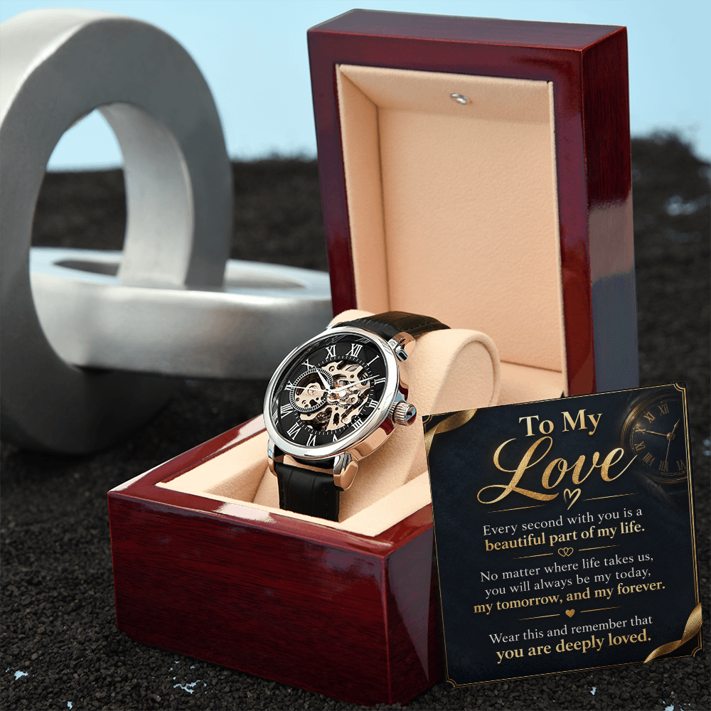 To My Love Skeleton Automatic Watch, Black Leather Openwork Watch, Anniversary Gift for Husband