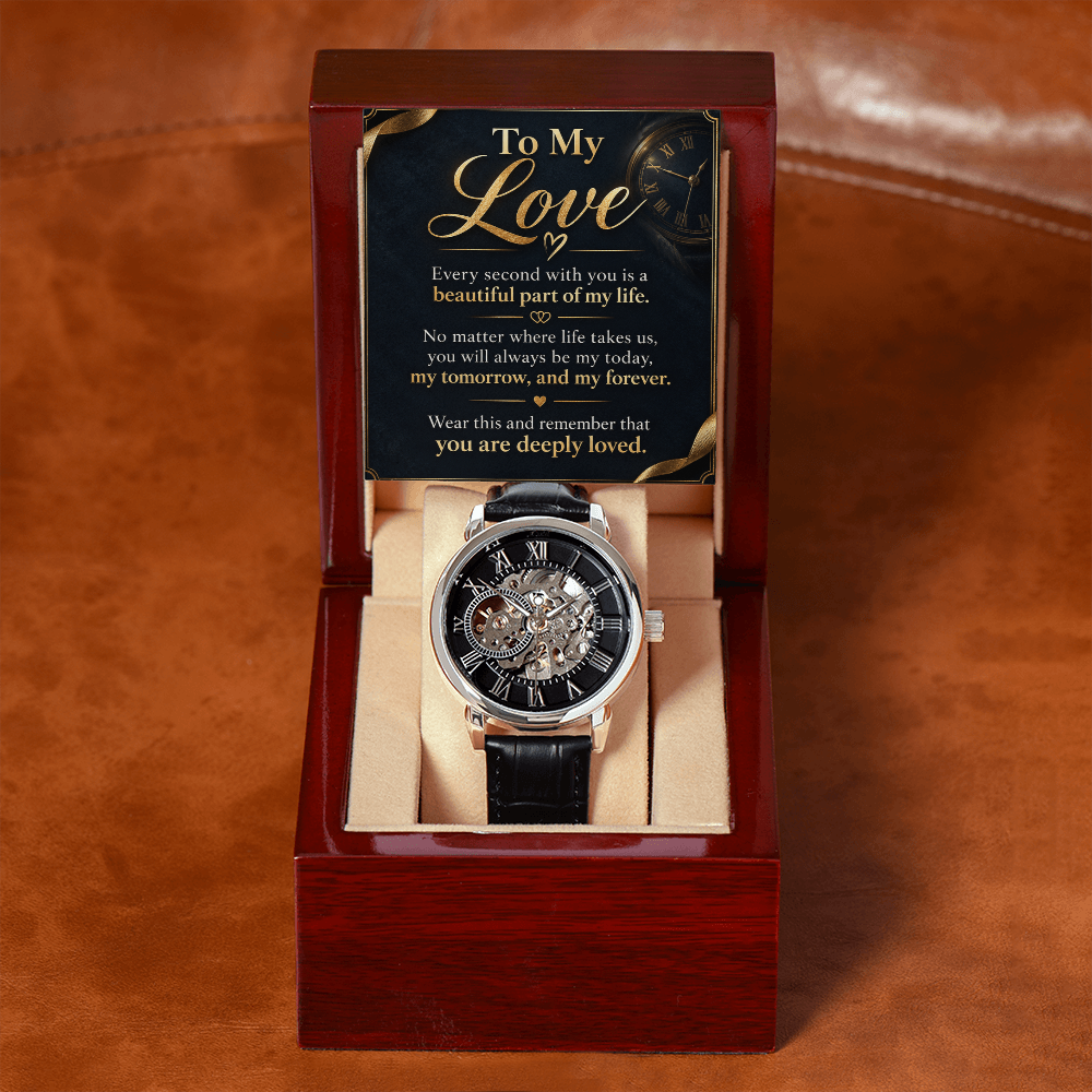 To My Love Skeleton Automatic Watch, Black Leather Openwork Watch, Anniversary Gift for Husband