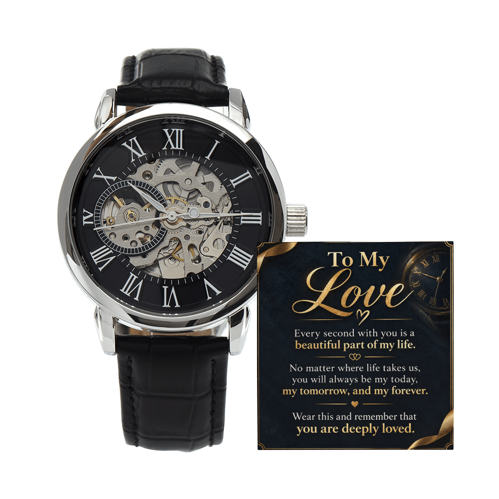 To My Love Skeleton Automatic Watch, Black Leather Openwork Watch, Anniversary Gift for Husband