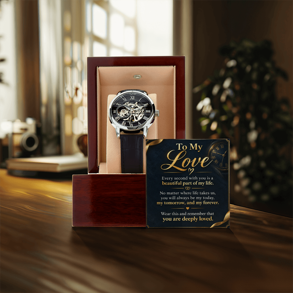 To My Love Skeleton Automatic Watch, Black Leather Openwork Watch, Anniversary Gift for Husband