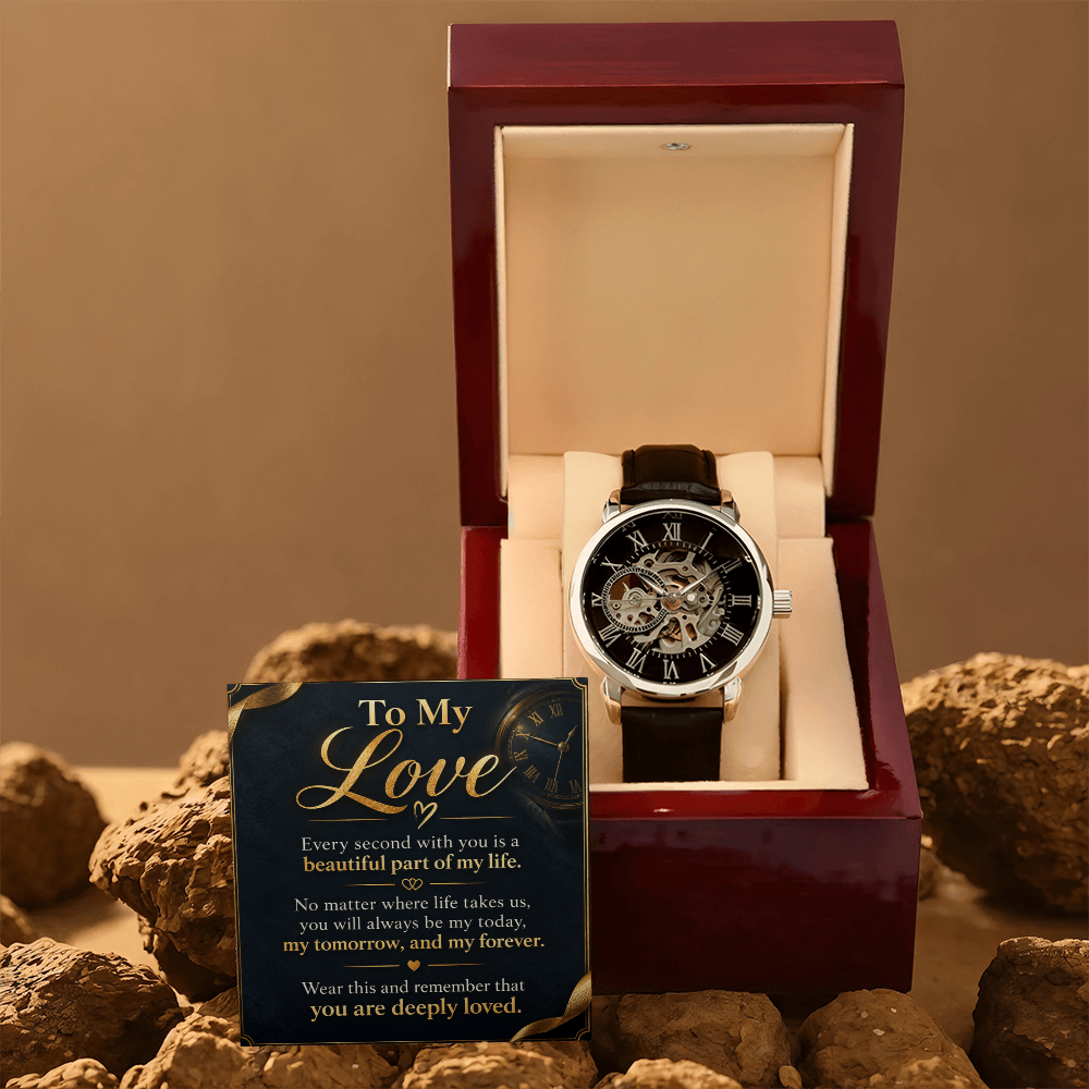 To My Love Skeleton Automatic Watch, Black Leather Openwork Watch, Anniversary Gift for Husband