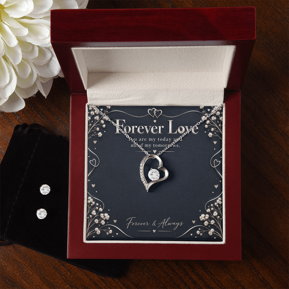 Forever Love Necklace & Earring Set – 14K White Gold Finish