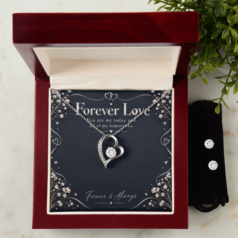 Forever Love Necklace & Earring Set – 14K White Gold Finish
